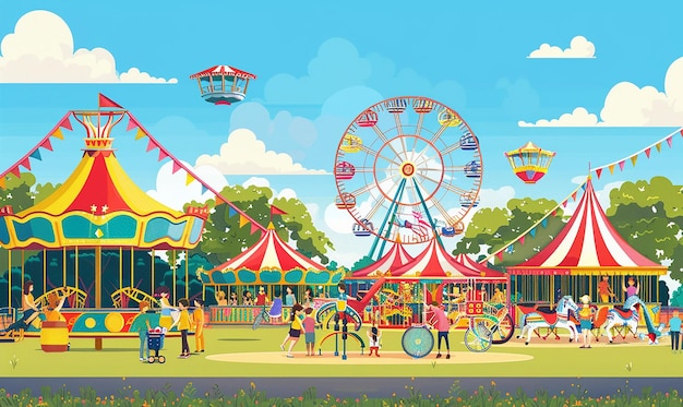 Photo une illustration de dessin animé d'un carnaval avec une roue de ferris en arrière-plan