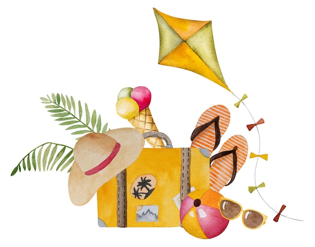 Photo illustration dessinée à la main d'une valise, de pantoufles de plage, de lunettes de soleil, d'une balle et d'un chapeau pour les vacances.