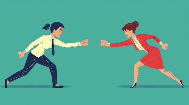 Photo illustration de deux professionnels d'affaires dans des positions agressives symbolisant la compétition et le conflit sur le lieu de travail