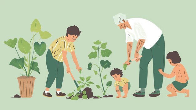 Photo une illustration d'une famille dans un jardin avec la plantation d'arbres