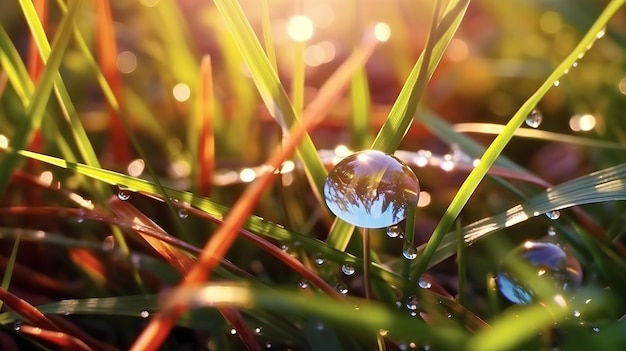 Illustration d'une herbe juteuse verte et rouge avec des gouttes d'eau Macro bokeh lumière du soleilAI