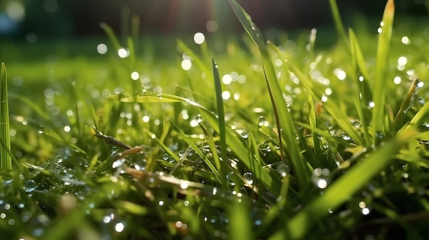 Illustration d'une herbe verte juteuse avec des gouttes d'eau Macro bokeh lumière du soleil AI