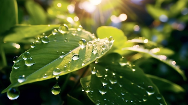 Illustration d'une jeune feuille verte juteuse avec des gouttes d'eau Macro bokeh lumière du soleilAI