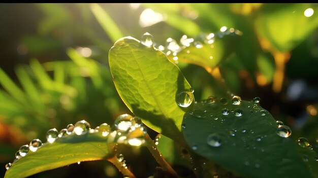 Illustration d'une jeune feuille verte juteuse avec des gouttes d'eau Macro bokeh lumière du soleilAI