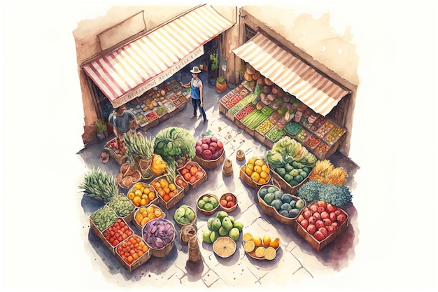 Photo illustration d'un marché de fruits et légumes avec une variété de produits frais