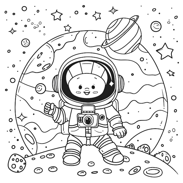 Photo illustration de page à colorier pour enfants avec une scène d'aventure spatiale