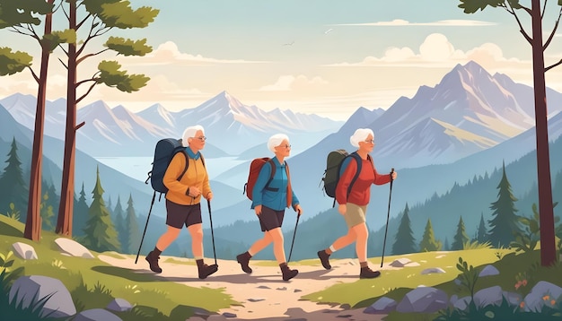 Photo une illustration de trois vieillards qui marchent dans les montagnes