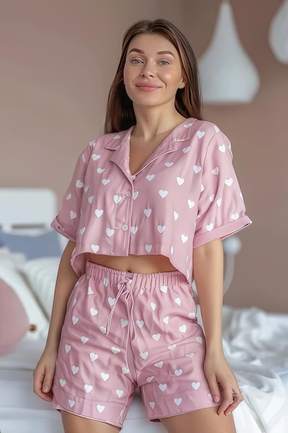 Photo une image d'une femme portant un pyjama à l'impression de cœur rose