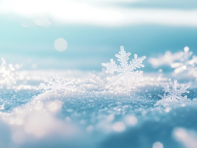 Photo image en gros plan de flocons de neige complexes reposant sur une surface gelée avec un fond bleu pastel et rose doux en hiver