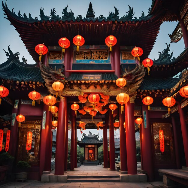 Une image vibrante d'une majestueuse lanterne chinoise dans la cour d'un temple.