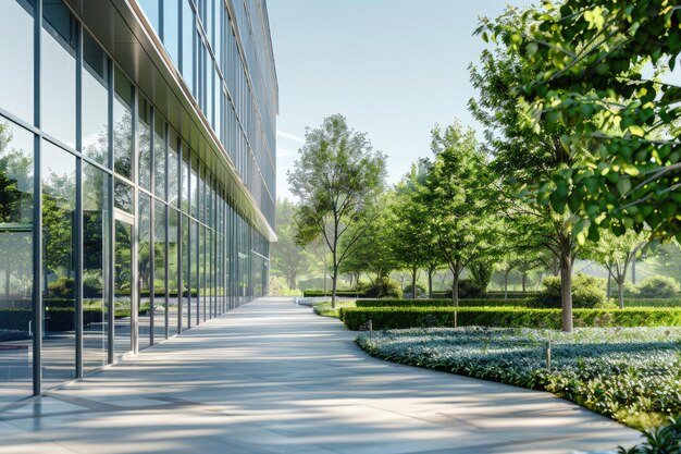 Photo un immeuble de bureaux moderne en verre avec un paysage vert par une journée ensoleillée