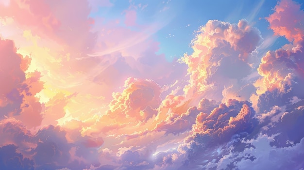 Photo une impressionnante illustration d'art numérique de style anime de nuages de couleurs pastel au coucher du soleil