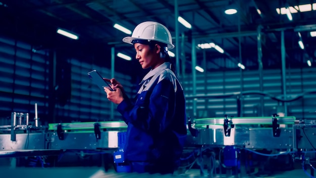 L'ingénieur utilise une tablette pour vérifier le système de contrôle de la machine dans une usine.