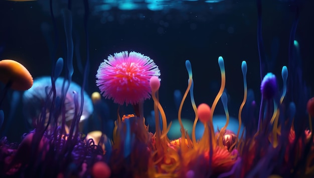 Installations surréalistes d'une fleur colorée au néon sous-marine