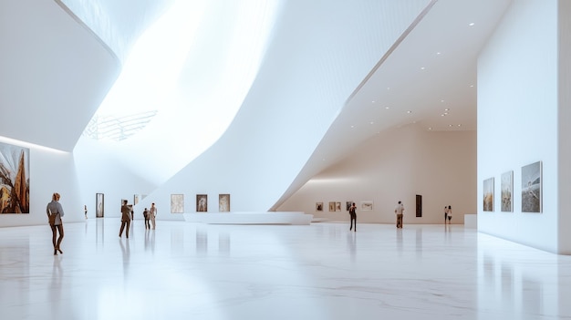 Photo l'intérieur d'une galerie d'art moderne avec des murs blancs, un sol blanc et un plafond blanc.