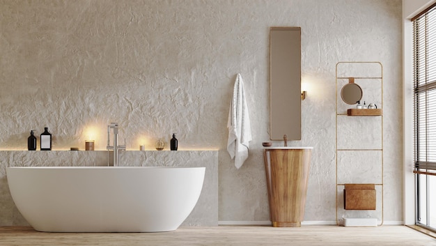 Intérieur de salle de bain moderne avec baignoire et évier en bois miroir accessoires de bain rendu 3d