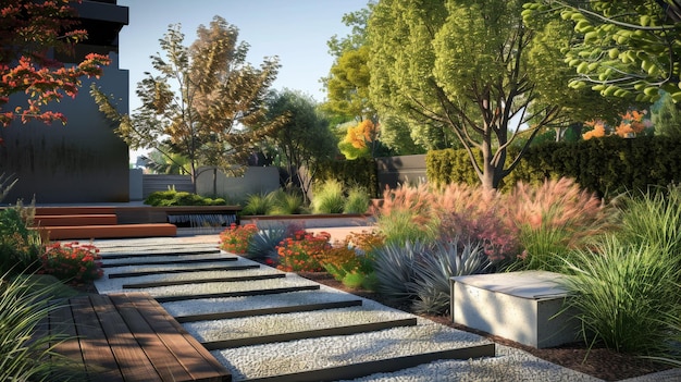 Photo jardin moderne avec un sentier de pierre, une verdure luxuriante et des plantes colorées sous un ciel dégagé, parfait pour des décors extérieurs sereins et un aménagement paysager.