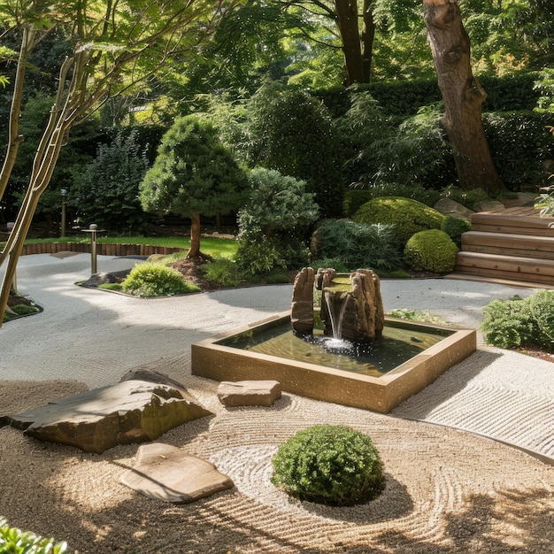 Photo jardin zen serein avec une fontaine de roche et du gravier râpé