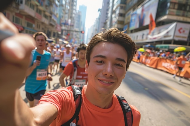 Photo un jeune coureur prend un selfie au milieu du marathon avec un décor urbain et une foule de coureurs