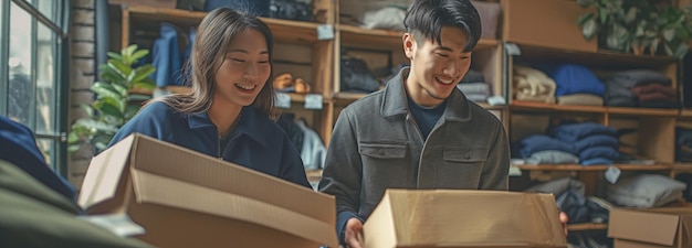 Photo une jeune femme et un homme d'affaires asiatiques utilisent des boîtes en carton pour emballer des vêtements destinés aux clients.