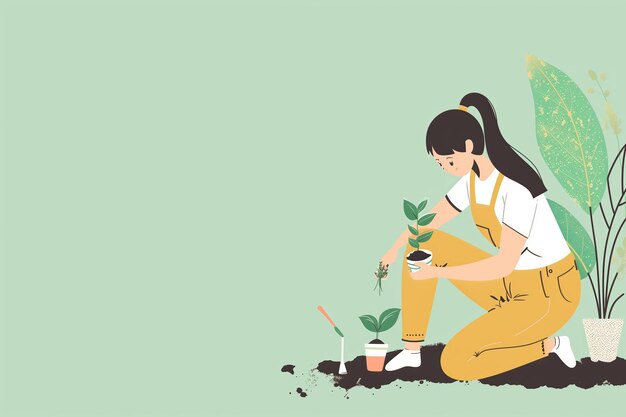 Photo une jeune femme jardine à l'intérieur sur un fond vert doux avec des plantes en pot et du sol