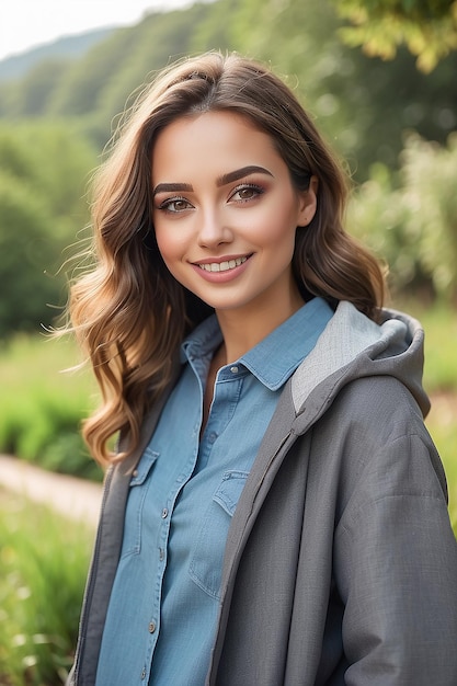 Une jeune femme souriante regardant une caméra en plein air générée par l'IA