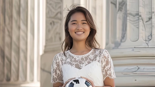 Photo une jeune fille tenant un ballon de football