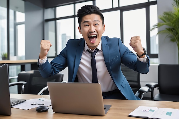 Photo jeune homme d'affaires asiatique heureux célébrant le succès au travail au bureau en regardant l'ordinateur portable excité par les objectifs de croissance du commerce financier la réalisation de bons résultats en ligne criant oui regarder le jeu