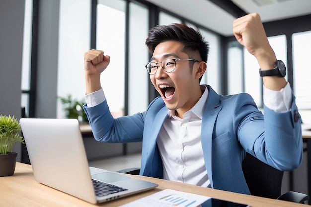 Photo jeune homme d'affaires asiatique heureux célébrant le succès au travail au bureau en regardant l'ordinateur portable excité par les objectifs de croissance du commerce financier la réalisation de bons résultats en ligne criant oui regarder le jeu