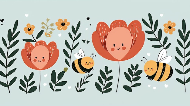 Photo une jolie caricature d'abeilles et de fleurs