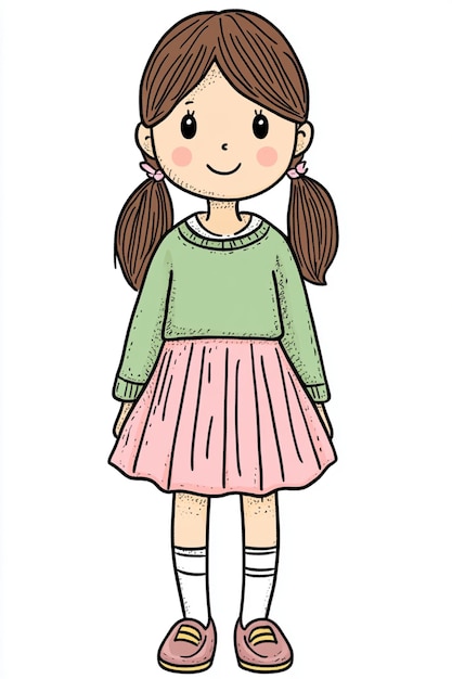 Photo une jolie illustration de dessin animé colorée d'une fille en tenue simple sur fond blanc