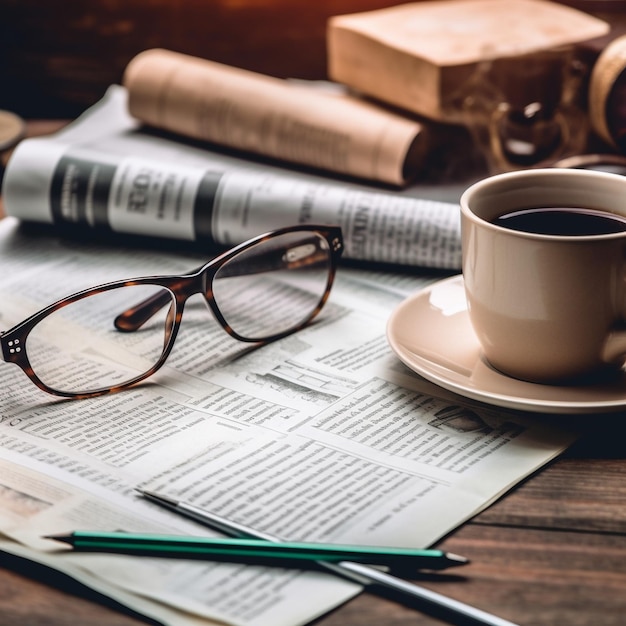 Photo un journal avec une tasse de café et une paire de verres dessus