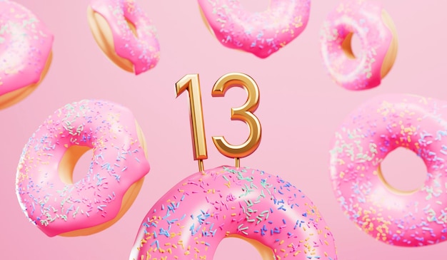 Joyeux 13e anniversaire fond de célébration avec des beignets givrés roses rendu 3D