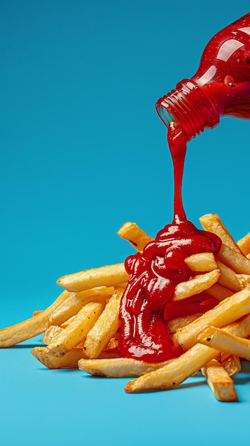 Photo un ketchup est versé sur une pile de frites