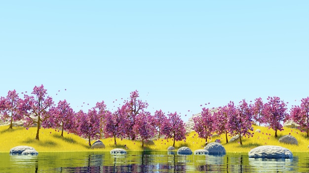 Photo lac de paysage et arbres roses de ciel et rendu 3d d'herbe jaune