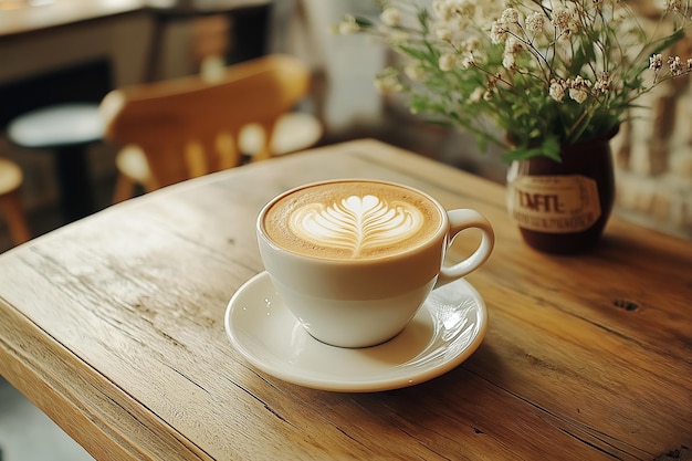 Photo un latte magnifiquement fabriqué avec un art latte complexe servi dans un café confortable parfait pour une pause-café relaxante