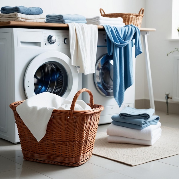 Photo le lavage du jour est essentiel pour faire face à un panier d'herbe avec des vêtements sales