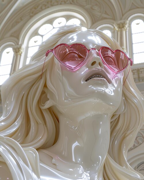 Photo des lunettes de soleil en forme de cœur sur un buste de statue blanche classique avec des cheveux longs et des sourcils archés