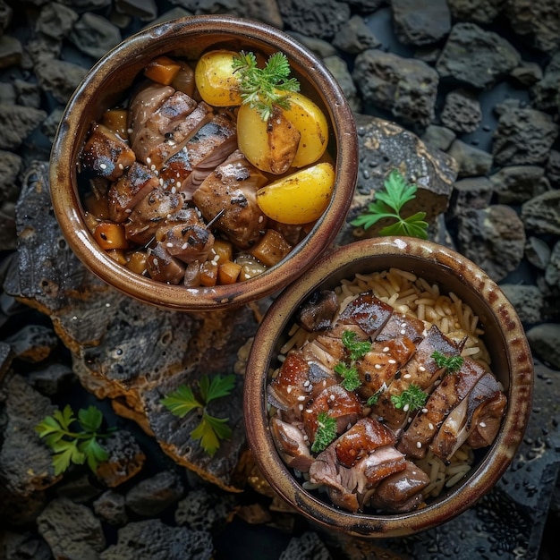 Lyavangi et Jizbiz Caille rôtie avec riz et foie grillé Cœur et poumons dans des bols en céramique