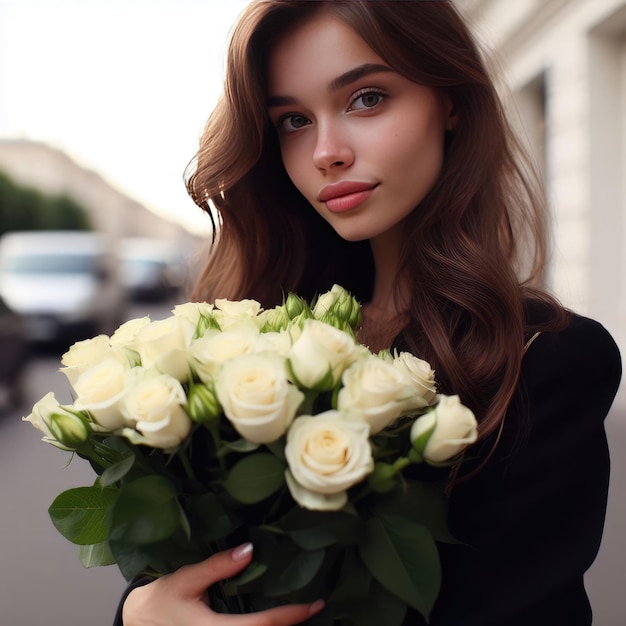 une mariée avec un bouquet de roses