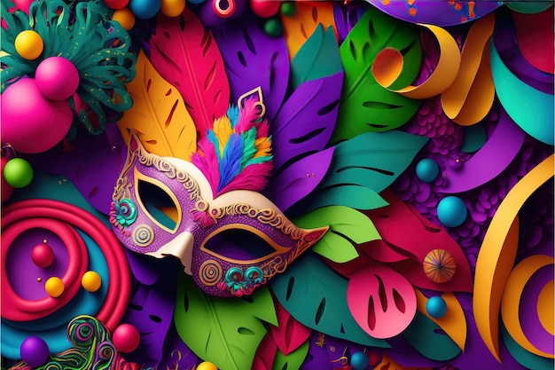 Masques de carnaval sur fond violet Illustration multicolore de Mardi Gras Illustration 3D AI générative