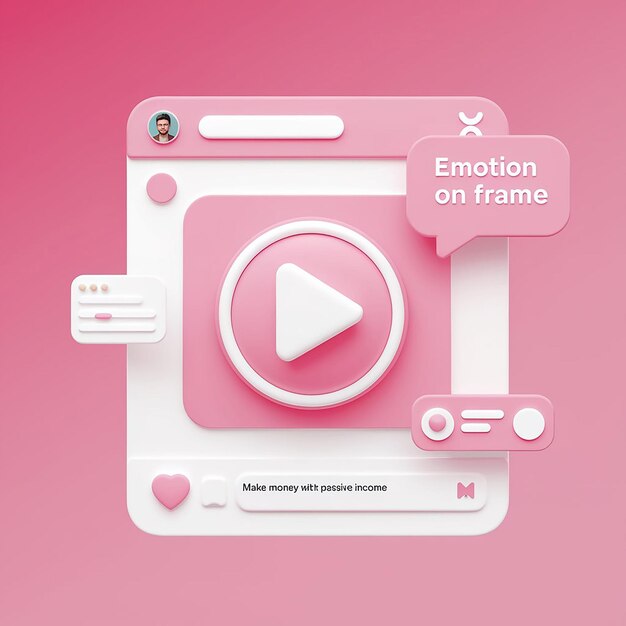 Photo médias sociaux 3d avec streaming en direct et émotion sur le cadre en fond rose médias sociaux en ligne jouer à la vidéo pour gagner de l'argent concept de revenu passif divertissement en direct 3d illustration de rendu vectoriel