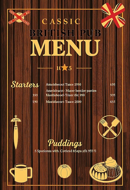 Photo menu de pub britannique classique avec des textures de bois sombre et une mise en page de menu chaude pour le design de la marque