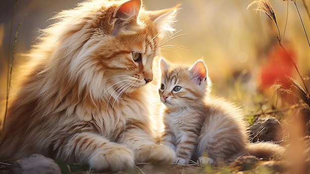 La mère chat léche le chaton