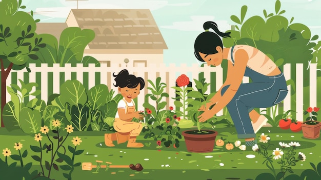 Photo une mère et son enfant jardinent ensemble, plantant des fleurs et des légumes dans leur jardin.