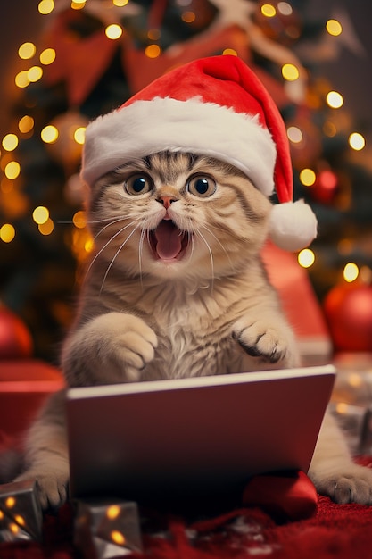 Photo un mignon chat dans un chapeau de père noël fait des achats en ligne sur un ordinateur portable à la maison