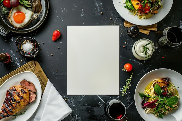 Photo mockup d'un menu blanc pour un café ou un restaurant menu plat sur une feuille blanche sur la table avec de la nourriture et des plats vue supérieure générée par l'ia