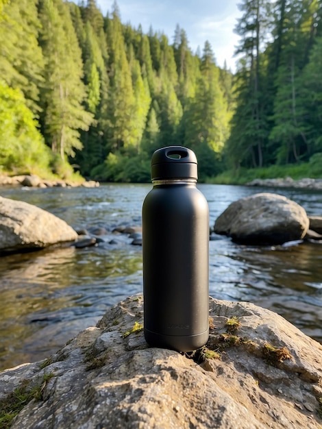 Modèle de bouteille d'eau bleue sur un fond naturel