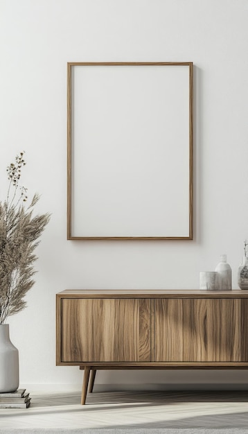 Photo modèle de cadre artistique horizontal en blanc sur un mur blanc avec un fauteuil en bois