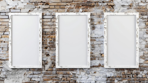 Photo modèle de cadre blanc sur mur de brique pour une exposition élégante d'œuvres d'art et de photographie